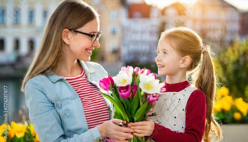 A blonde-haired girl giving her mother a beautiful, fresh bouquet of flowers.