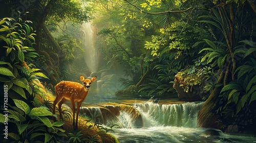 Unwind by a tranquil tropical stream, where graceful sika deer wander amidst lush vegetation. photo