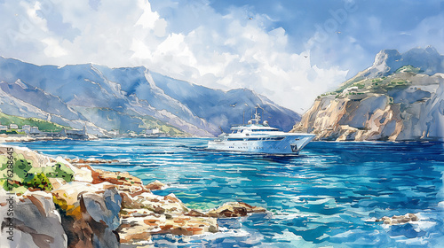 watercolor drawing of a large yacht at sea