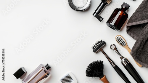 Men's shaving accessories and text space in a flat lay composition on a white background photo