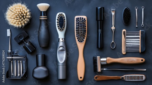 Concept of health and beauty for men. A variety of grooming and shaving tools arranged against a dark backdrop photo