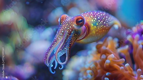 A curious squid tentatively exploring its surroundings  its vibrant colors contrasting against a softly blurred coral reef backdrop