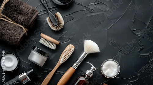 Concept of health and beauty for men. A variety of grooming and shaving tools arranged against a dark backdrop photo