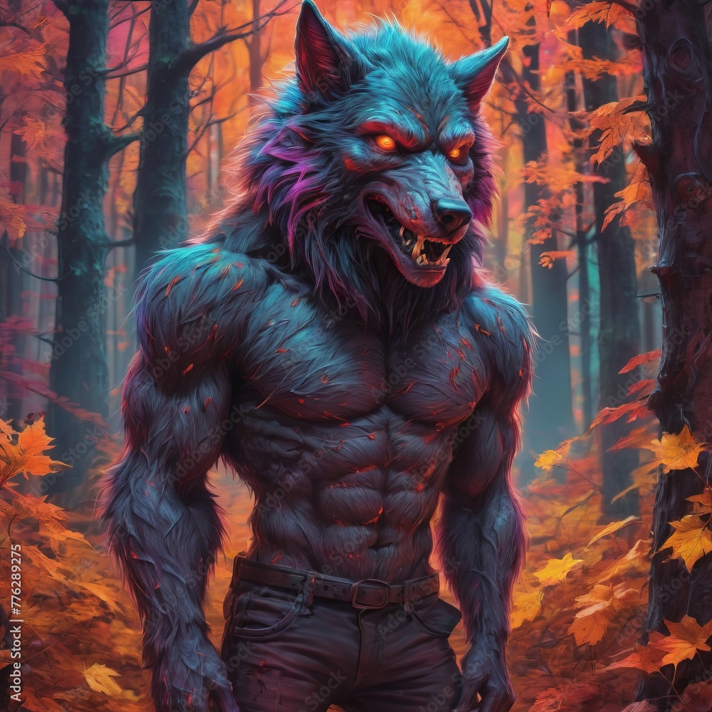 Glowing werewolf in mystical neon forest, fantasy art illustration.