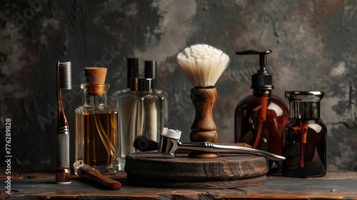 Man's shaving accessories on a table in front of a dimly lit backdrop