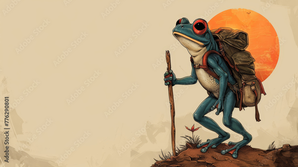 A painting of a frog, equipped with a backpack and brandishing a stick, atop a hill against a sunlit backdrop A painting of a frog, equipped with a backpack and brandishing a stick, atop a hill against a sunlit backdrop