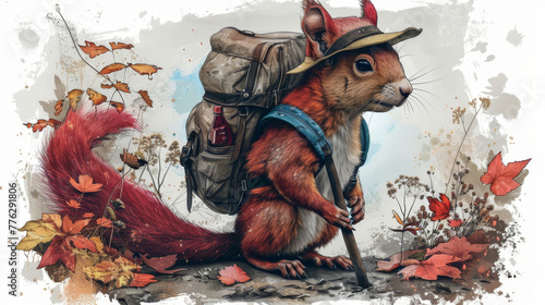   A painting of a squirrel with a backpack on its back