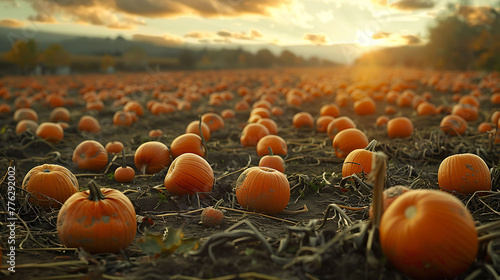 Pumpkin patch with rows of ripe gourds in fall photo