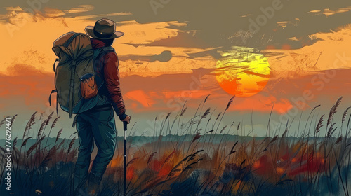   A man with a backpack traverses a field of towering grasses as the sun sets in the backdrop © Nadia