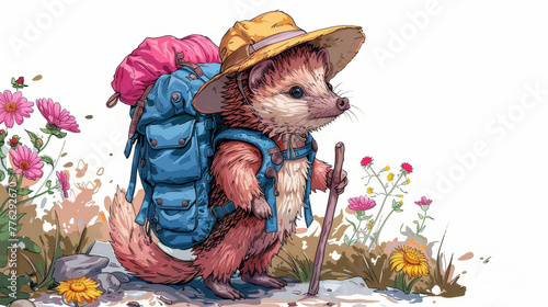   A creature, dressed in a backpack and hat, stands amidst a field of wildflowers, brandishing a walking stick
