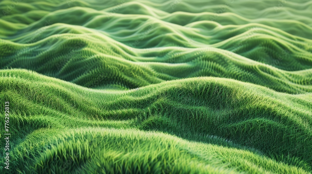 A detailed shot of a lush green natural blanket with a pattern resembling waves of a natural landscape. The design is reminiscent of algae or a grassy groundcover in a terrestrial plant habitat