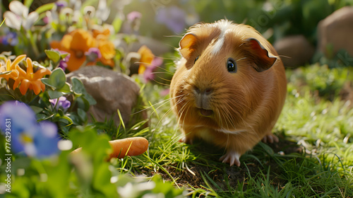 A fluffy guinea pig nibbling on a fresh carrot in a sunlit garden, with vibrant flowers in the background
