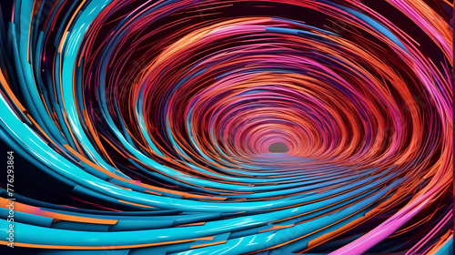 a digital abstract creation showing a swirling vortex of vivid  multicolored ribbons against a dark background  creating a sense of dynamic motion