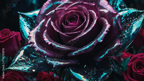 In the center of a glam-goth surreal digital garden, a towering crystal rose blooms with shimmering petals made of iridescent acrylic.