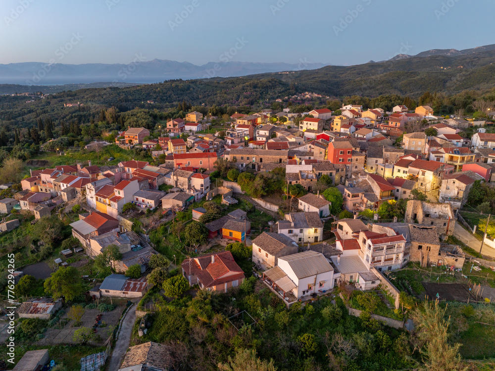 Panoramic drone view of valanio village in corfu island,Greece