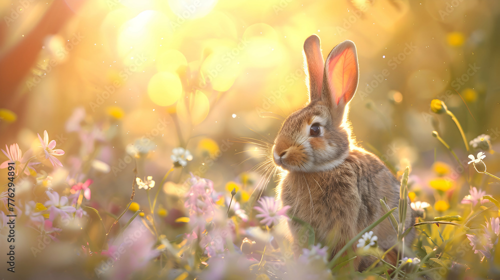 A fluffy rabbit nestled among wildflowers, with soft sunlight filtering through the trees, offering ample copy space and a dreamy blurred background A fluffy rabbit nestled among wildflowers, with soft sunlight filtering through the trees, offering ample copy space and a dreamy blurred background