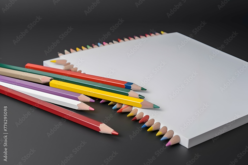 Fototapeta premium Pencils and notebook on black background. Back to school concept