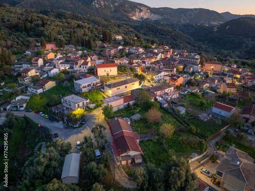 Aerial drone view of valanio village by night in north corfu,Greece