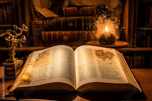 Open book with a lit candle in the background of bookshelves