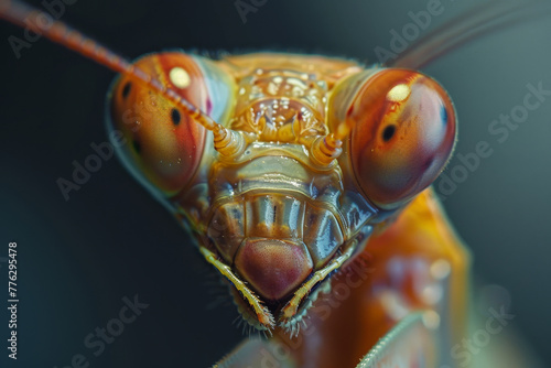 A close up of a bug's face with red eyes and a red nose photo