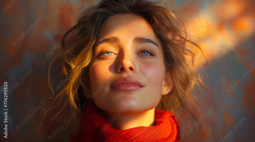 Peaceful blond girl with blue eyes, red scarf and with sunlight on her face on colourful background. Natural woman beauty concept. Selective focus Peaceful blond girl with blue eyes, red scarf and with sunlight on her face on colourful background. Natural woman beauty concept. Selective focus