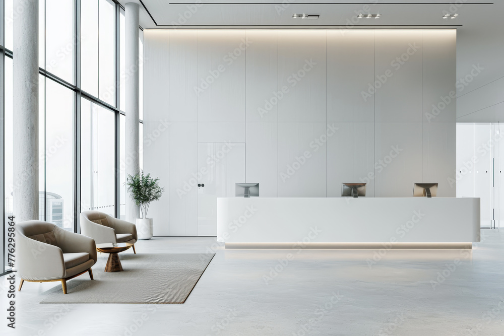 A large, empty room with white walls and a white desk A large, empty room with white walls and a white desk