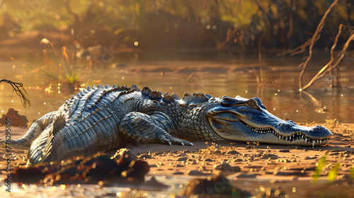 A focused crocodile basking in sunlight on the riverbank  its scales glistening as it lazily opens its jaws