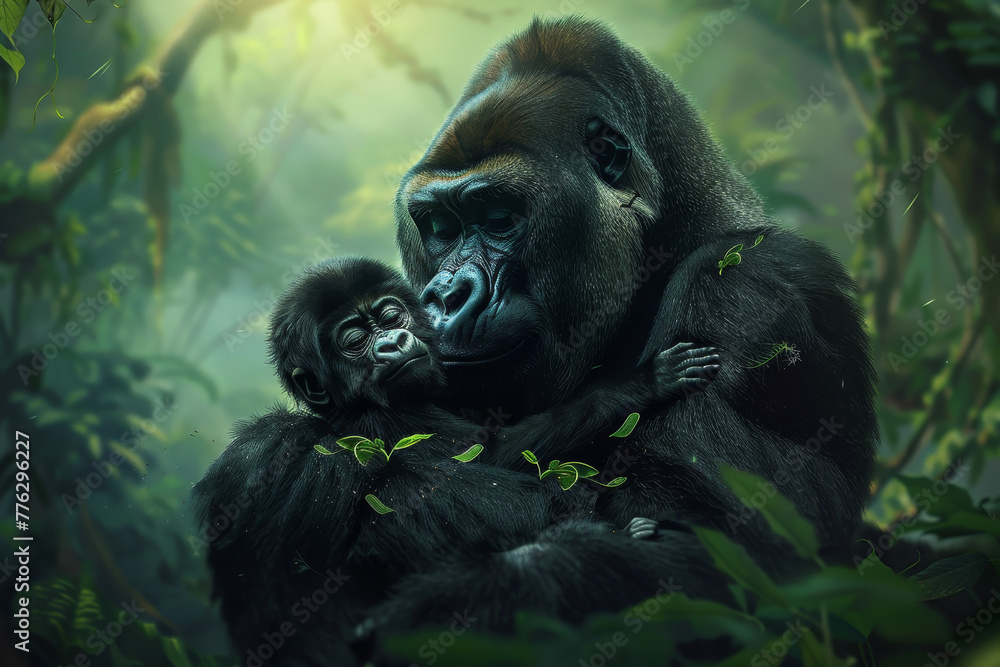 A mother gorilla is holding her baby