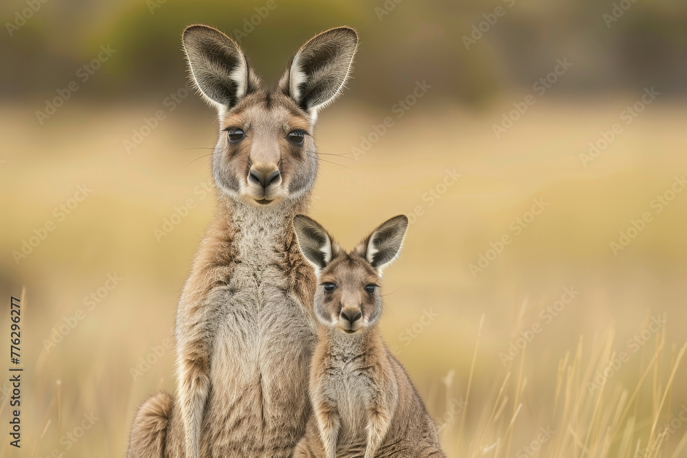 A mother kangaroo and her baby are standing in a field of tall grass
