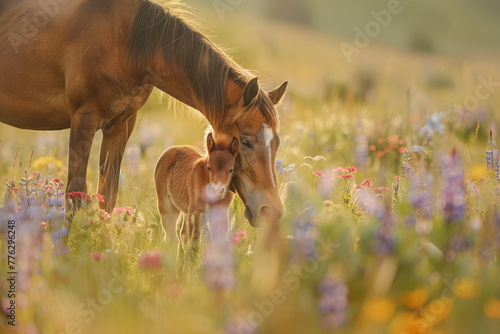 Obraz na plátně A mother horse is standing next to her baby horse in a field of flowers