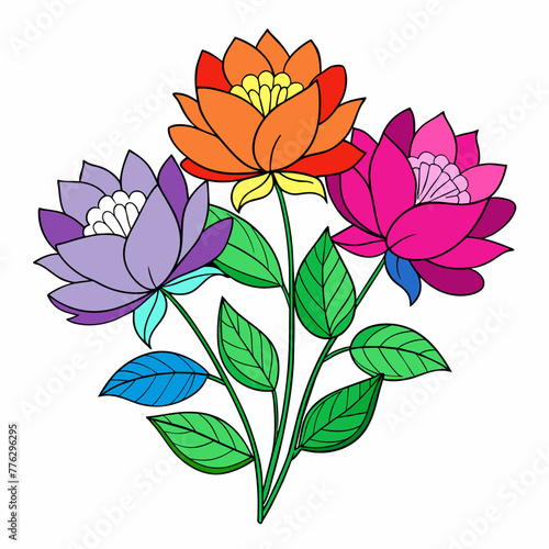 a set of colored vector flowers line art