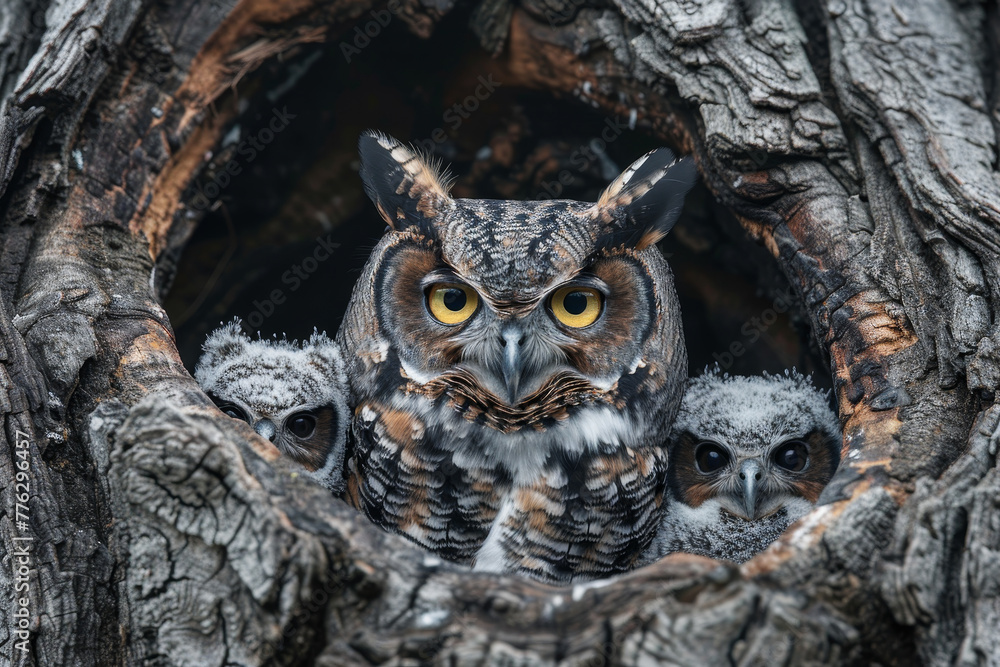 Three owls are sitting in a tree hollow Three owls are sitting in a tree hollow