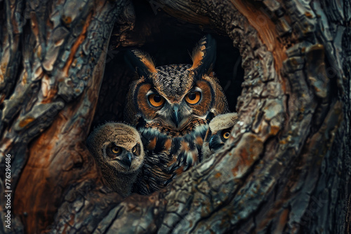 A mother owl is looking at her two babies in a tree