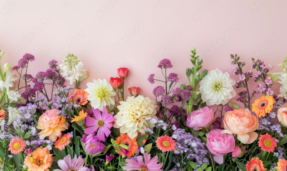 Colorful Spring Flowers Background. Greeting card with copy space, top view. Mother's Day, Woman's Day, Easter, Valentine's Day, Wedding, and Birthday celebration concept. Colorful Spring Flowers Background. Greeting card with copy space, top view. Mother's Day, Woman's Day, Easter, Valentine's Day, Wedding, and Birthday celebration concept.