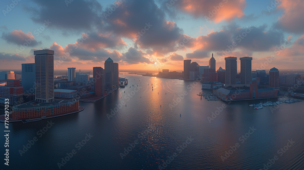 Naklejka premium Sunset Over Urban Waterfront