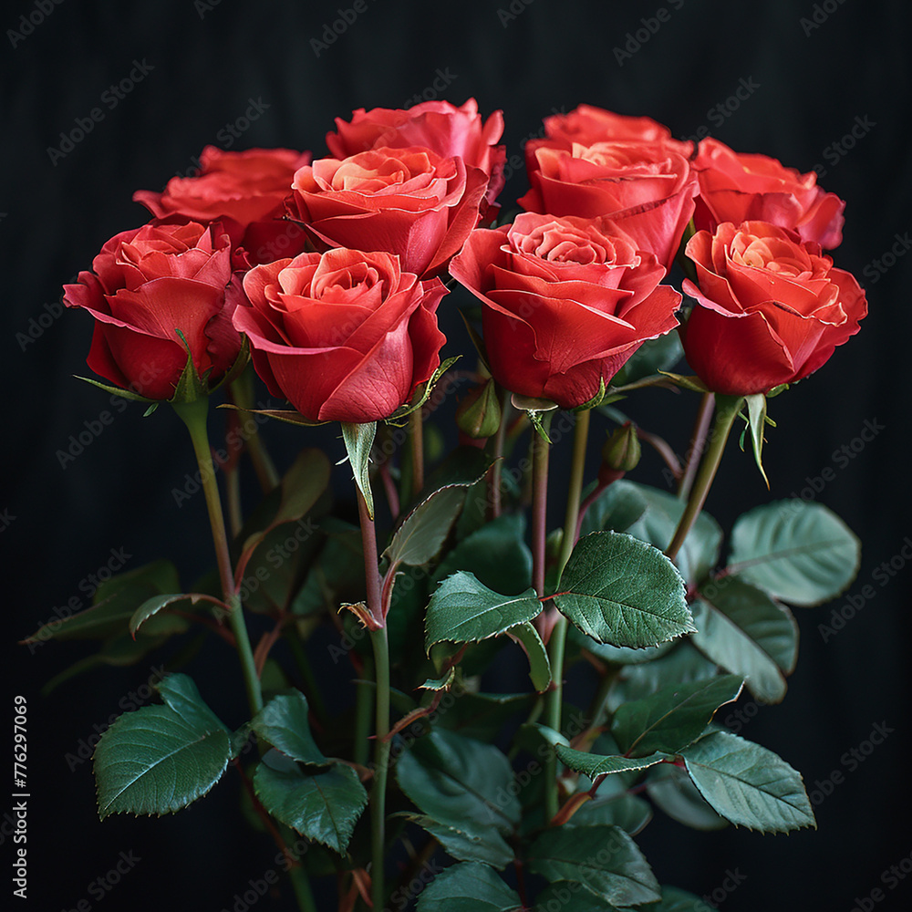 Obraz premium Bouquet of red roses on black background, generative ai