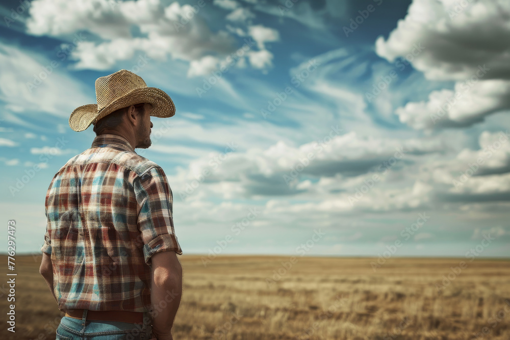 A man in a cowboy hat stands in a field looking out at the sky