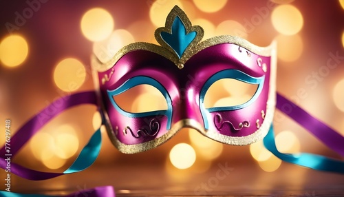Carnival Party - Venetian Mask With Abstract Defocused Bokeh Lights And Shiny Streamers - Masquerade Disguise Concept, generative ai 