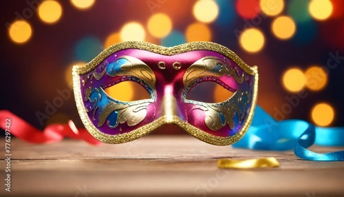 Carnival Party - Venetian Mask With Abstract Defocused Bokeh Lights And Shiny Streamers - Masquerade Disguise Concept, generative ai  © Muhammad