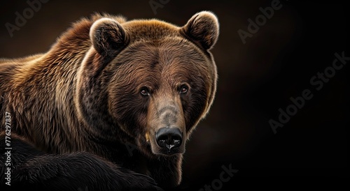 portrait of a brown grizzly bear photo studio setup with key light, isolated with black background