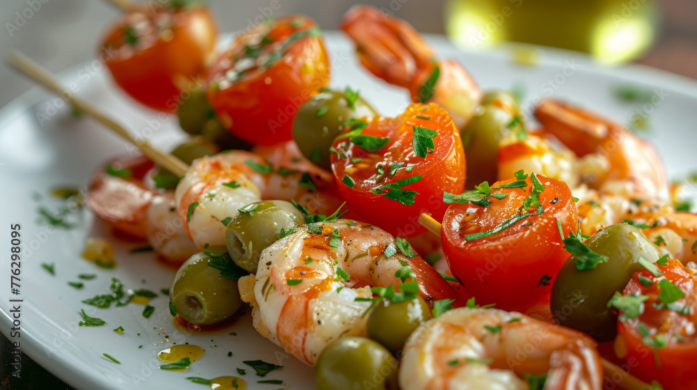 Skewers on cheese sticks cherry tomatoes green olives on a plate Skewers on cheese sticks cherry tomatoes green olives on a plate