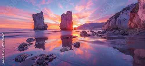 The sunset between the rocks on the beach