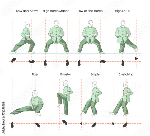 Tai Chi stances. 8 Basic Stances Vector Illustration. The bow and arrow stance, the hight horce stance, the low or half horce, the high lotus stance, the tiger stance, the rooster stance, the empty  photo