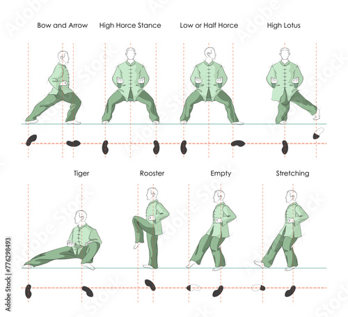 Tai Chi stances. 8 Basic Stances Vector Illustration. The bow and arrow stance, the hight horce stance, the low or half horce, the high lotus stance, the tiger stance, the rooster stance, the empty 