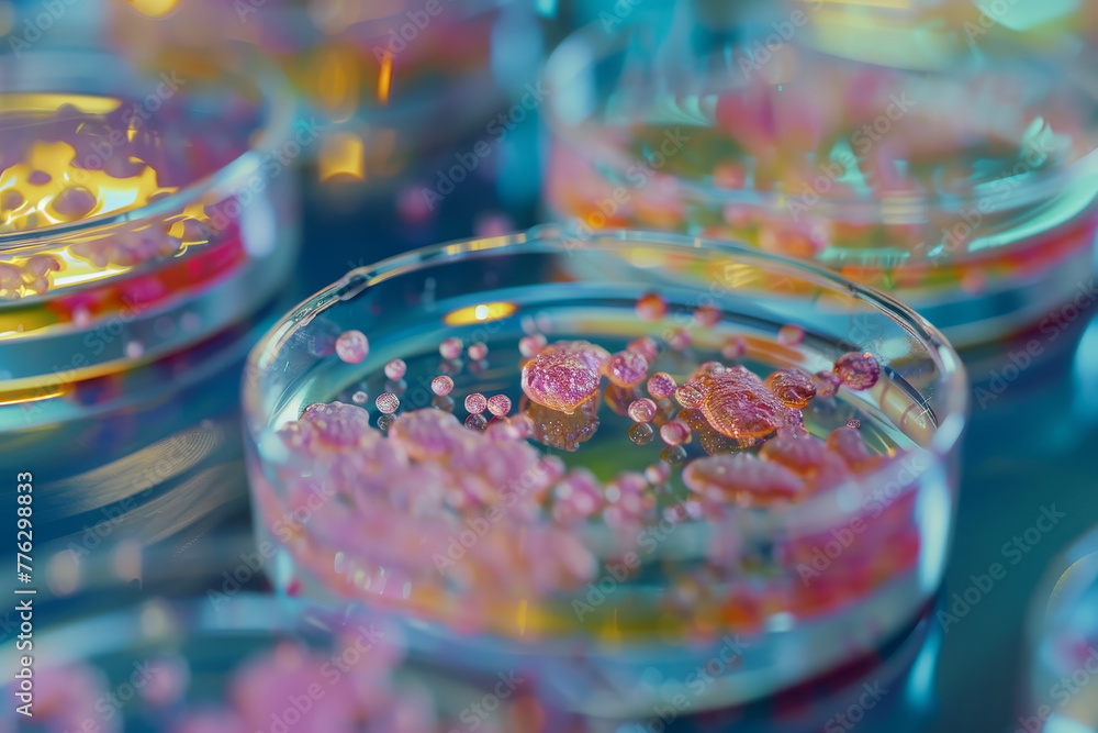 A group of small pink beads are floating in a clear glass dish A group of small pink beads are floating in a clear glass dish
