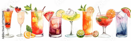 watercolor illustration of a set of various bright summer cocktails