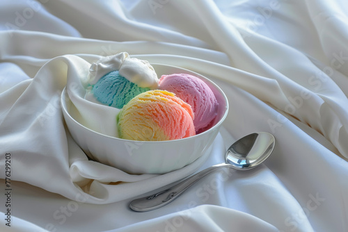 A bowl of rainbow colored ice cream with a spoon on top photo