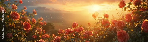 A breathtaking sunset casts a golden hue over a blooming rose garden