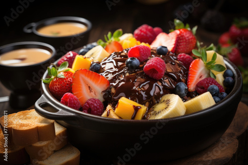 Chocolate fondue in bowl mix fruit healthy foods Generative AI