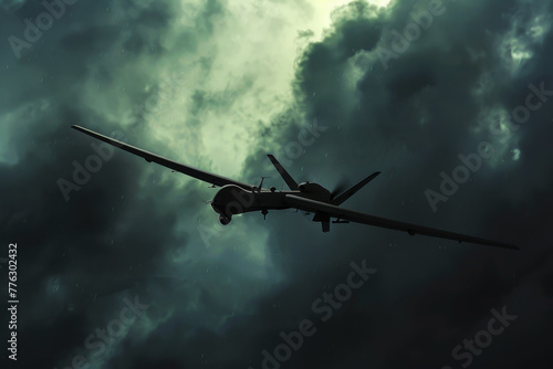 A military drone flies through a stormy sky